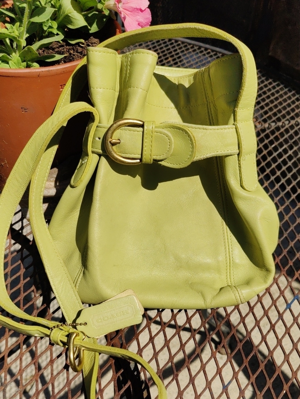 Coach Lime Green Leather Drawstring Bucket Bag with Buckle Accent